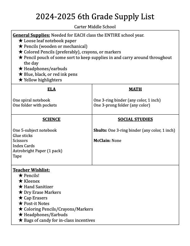  6th Grade 2024-2025 Supply List
